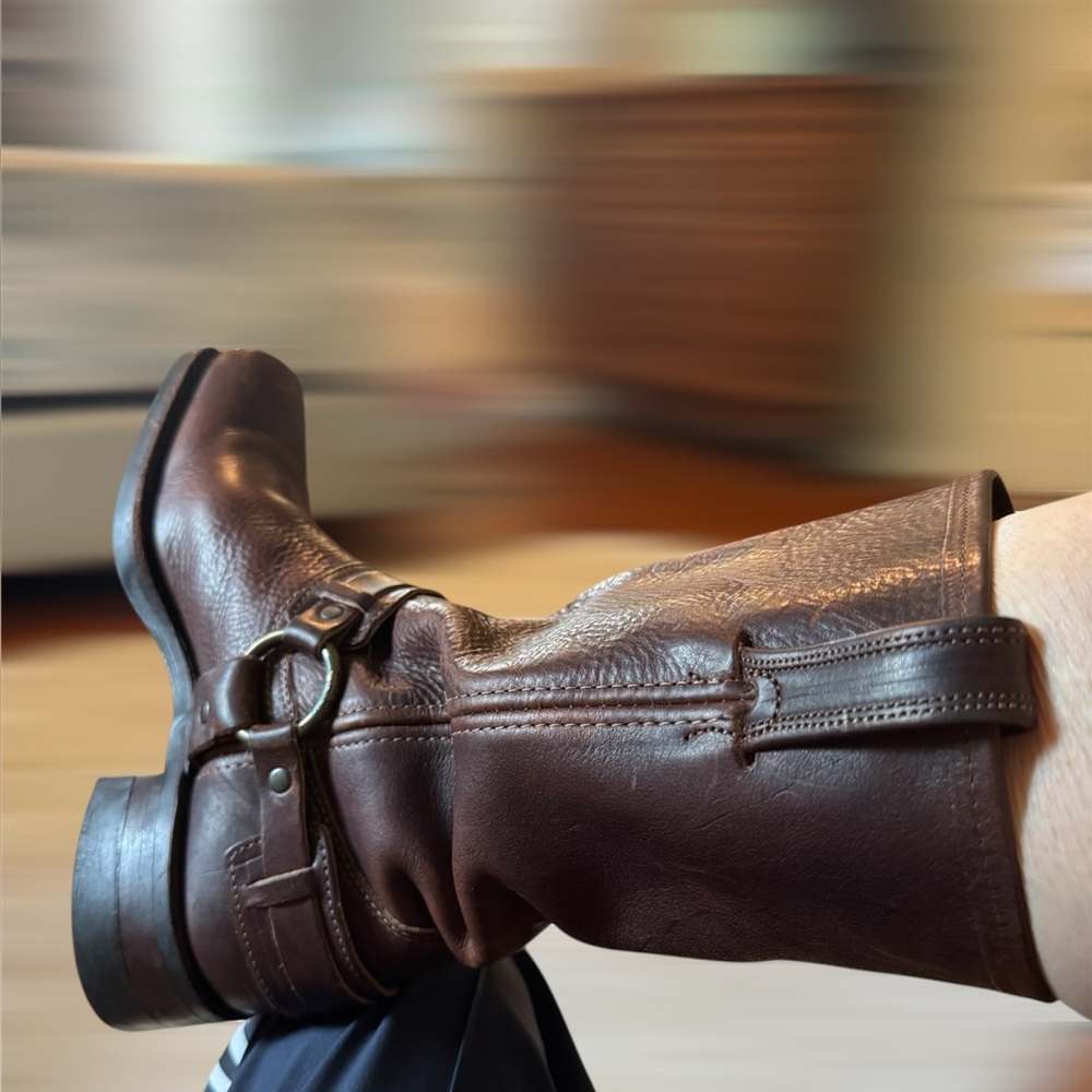 Brown Leather Frye Harness boots motorcycle